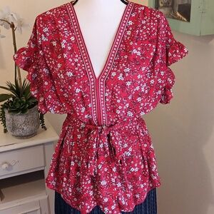 Max Studio Red Floral V-Neck Tie-Waist Blouse